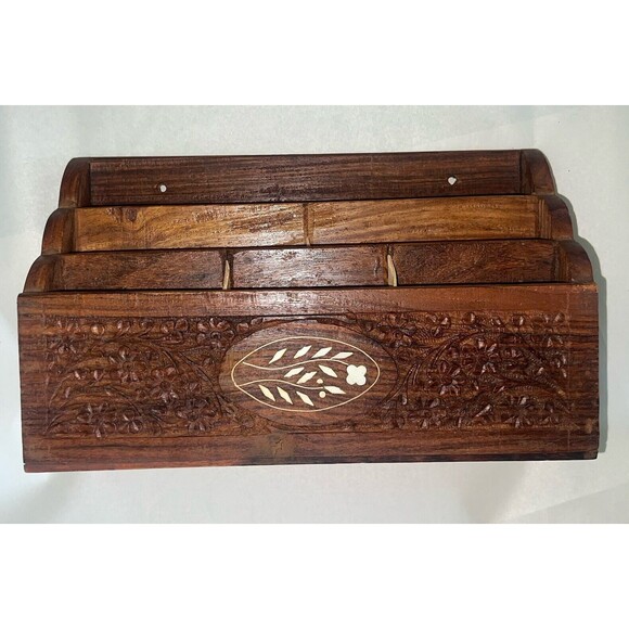Hanging Mail Organizer Carved Designed Wood Floral Pattern/India - Picture 1 of 11